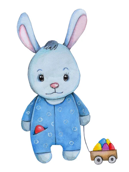Niedliche Cartoon Baby Hase Kaninchen Hase Blau Handgezeichnete Aquarell Illustration — Stockfoto