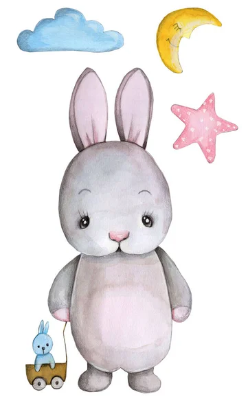 Cute Cartoon Baby Bunny Rabbit Hare Boy Star Hand Drawn — Stock Photo, Image