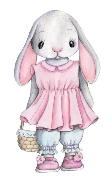 Cute Cartoon Little Bunny Rabbit Hare Girls Set Watercolor Hand — Stock Photo, Image