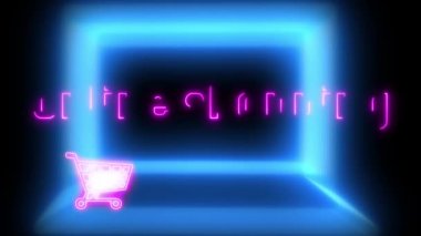 Pembe neon online alışveriş metni, alışveriş arabası ve mavi neon dizüstü bilgisayarda imleç