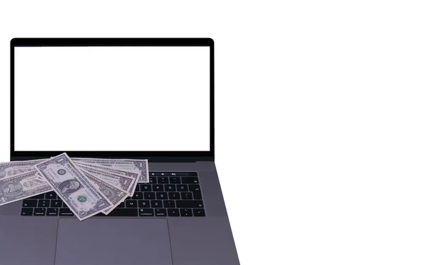 Ноутбук Деньги Изолированы Белом Фоне — стоковое фото
