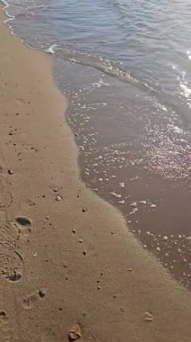 Deniz kıyısındaki ıslak kumda hareket etmek için dikey çekim