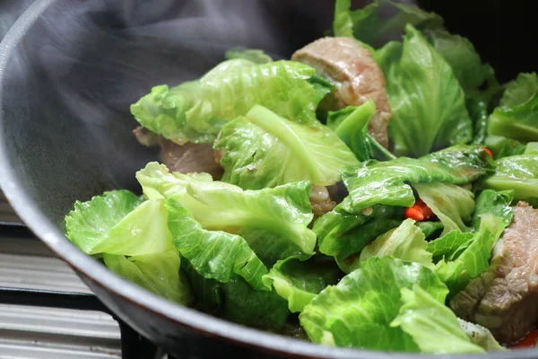 Cooking Stir Fried Fresh Kale Pork Spicy Gas Stove Kitchen Stock Image