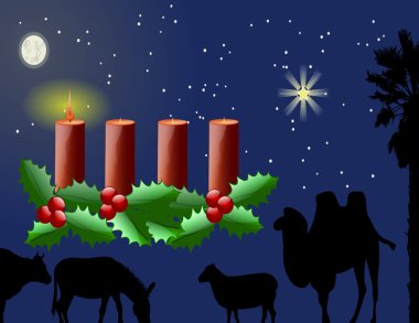 Advent ilk Pazar kırmızı mum ışıkları, bir mum aydınlatılmış. Katolik dini takviminde Noel 'Den önce. Arka planda bir Bethlehem sahne.