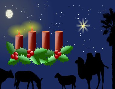 Advent ikinci Pazar kırmızı mum ışıkları, iki mum aydınlatılmış. Katolik Roma dini takviminde Chrismas önce Countdown. Bir Bethlehem sahne arka planda duruyor.