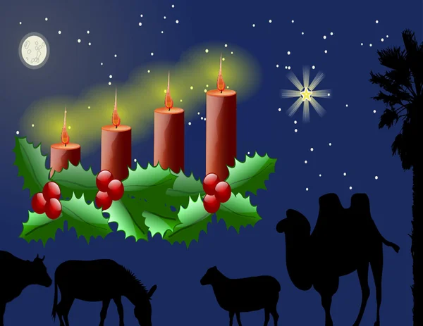 Advent fourth sunday red candle lights, four candles lighted. Countdown before Christmas in the Roman Catholic religious calendar. A Bethlehem scenery stands in the background with the Bethlehem star. — Stock Photo, Image