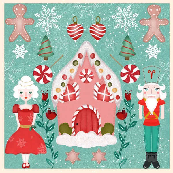 Kerst Illustratie met een peperkoekenhuis. — Stockfoto