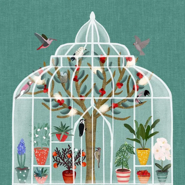 Illustration with flowers and birds in a greenhouse. — Stock Photo, Image