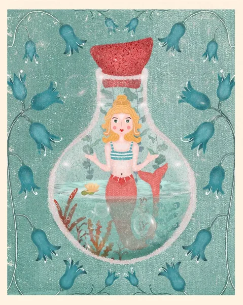 Illustratie met een zeemeermin in een fles. — Stockfoto