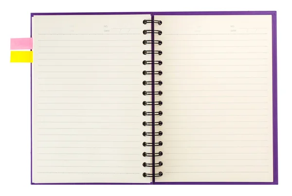 Notebook aberto e nãopapel isolado em branco — Fotografia de Stock