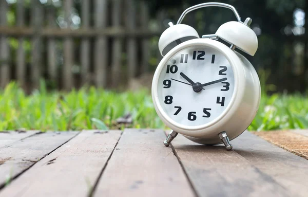 Classic alarm clock on wood against nature background — Stock Photo, Image