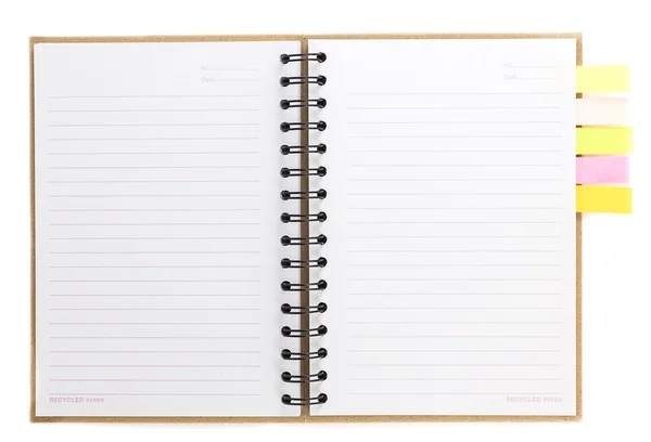 Spiral notebook öppen på vitt med färgglada Obs papper — Stockfoto