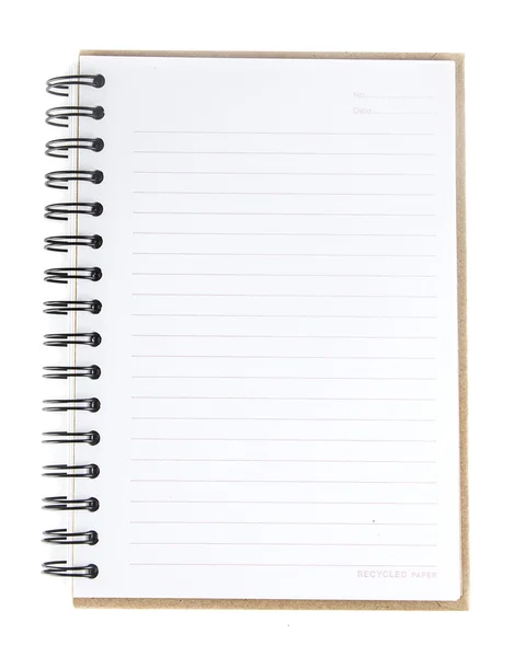 Cuaderno en espiral en blanco abierto sobre fondo blanco — Foto de Stock