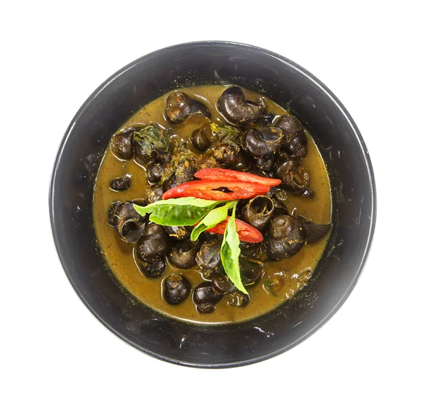 Kom van Thaise voedsel-curry met poelslak Lymnaea — Stockfoto
