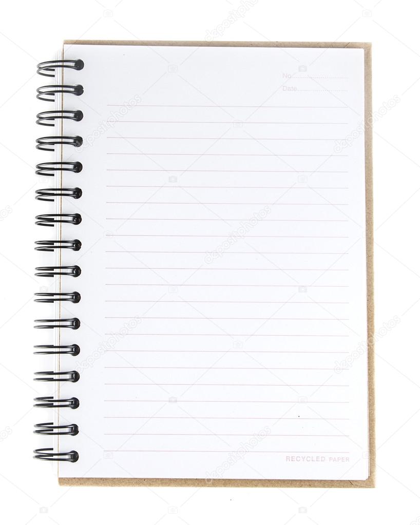 Blank spiral notebook open on white background Stock Photo by
