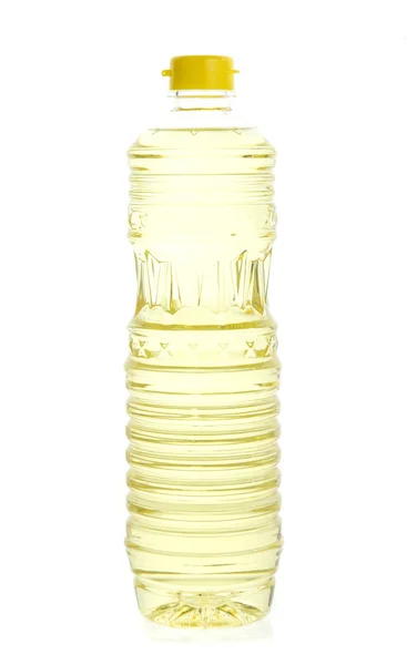 Óleo de soja em frasco de plástico isolado sobre branco — Fotografia de Stock