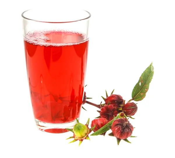 Rosela vermelha fresca e suco isolado em branco — Fotografia de Stock