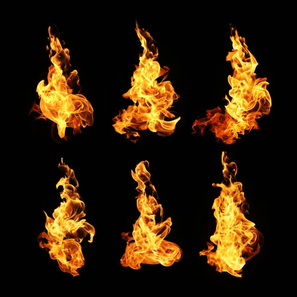 Fire Flames Collection Isolated Black Background — Stock Photo, Image