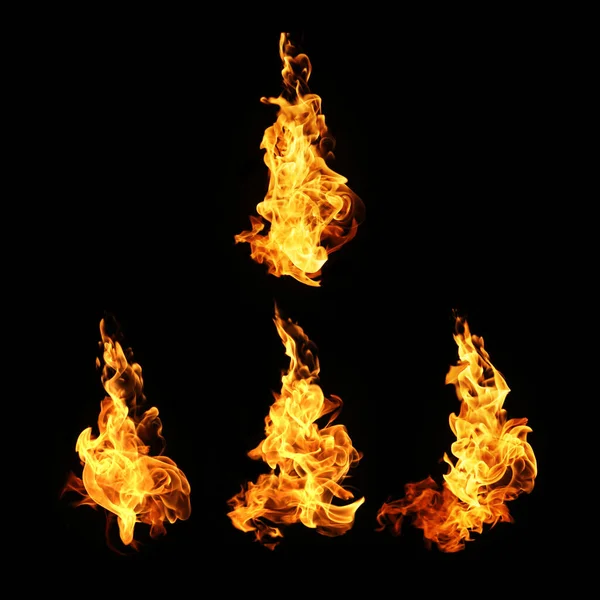 Tűz Lángok Gyűjtemény Elszigetelt Fekete Háttér — Stock Fotó