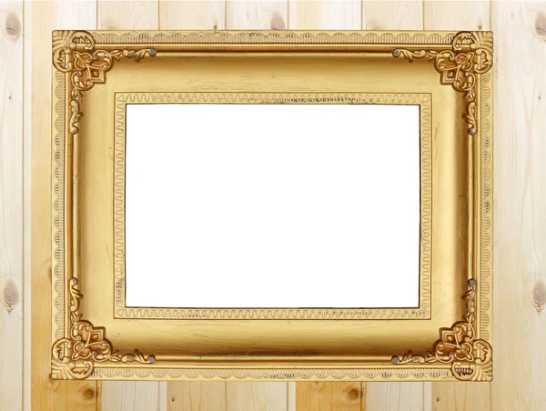 Antieke Gouden Frame Houten Muur Leeg Fotolijstje Houten Muur — Stockfoto