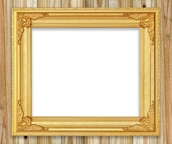 Antiek Gouden Frame Witte Houten Muur Leeg Fotolijstje Witte Houten — Stockfoto