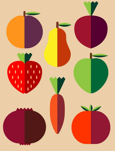 Ilustración Vectorial Con Verduras Frutas Sobre Fondo Beige Estilo Plano — Archivo Imágenes Vectoriales