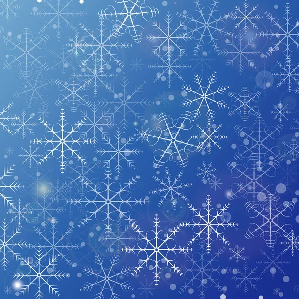 Vektorové sněhové vločky a oslnění na modrém gradientu - vánoční pozadí — Stockový vektor
