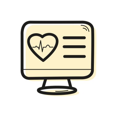 İçinde kalp ve ECG grafiği olan bir bilgisayar monitörü şeklinde vektör doğrusal renk simgesi. Teletıp kavramı.