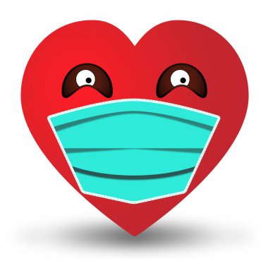 Tıbbi maske takan gözleri olan bir kalp. Covid-19 salgını sırasında Sevgililer Günü konsepti