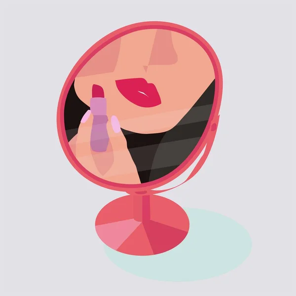 Femme Peint Ses Lèvres Avec Reflet Rouge Lèvres Dans Miroir — Image vectorielle
