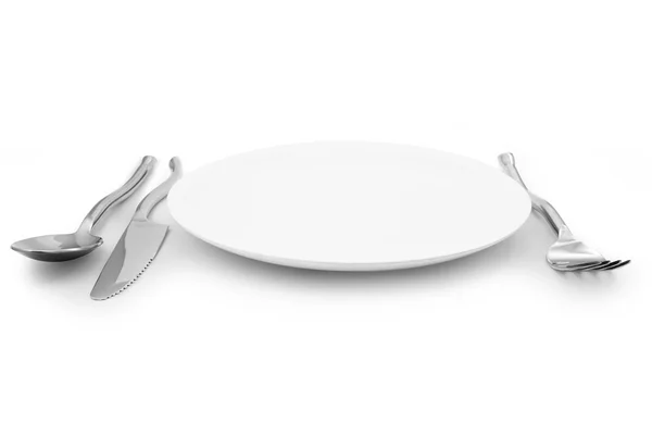 Witte plaat mes en vork bestek geïsoleerd — Stockfoto
