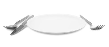 izole beyaz tabak bıçak ve çatal çatal bıçak takımı