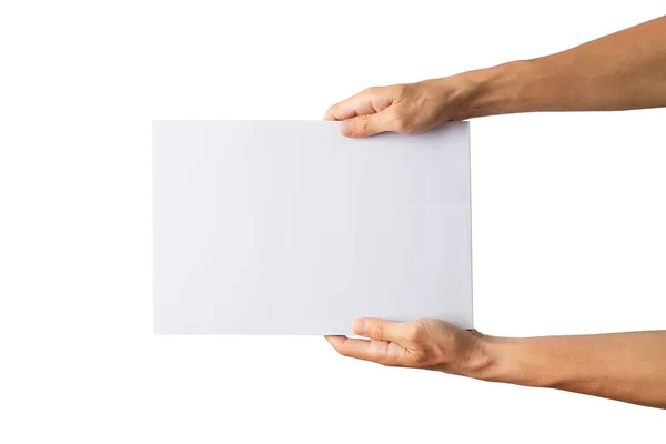 Kind Handen Houden Blanco Papier Witte Achtergrond — Stockfoto