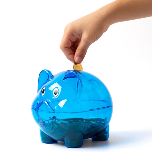 Azul Piggy Banco Mão Colocando Moeda Fundo Branco — Fotografia de Stock