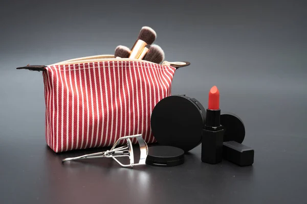 Bag Set Decorative Cosmetics Black Background — Stock Photo, Image