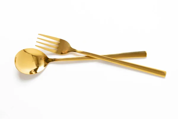 Gold Spoon Fork Isolate White Background — Stock Photo, Image