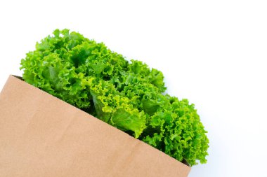 Beyaz arka planda kağıt torbalarda taze sebzeler.