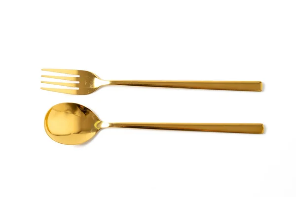 Gold Spoon Fork Isolate White Background — Stock Photo, Image