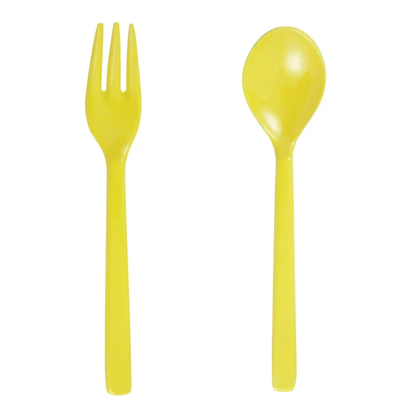 Yellow plastic fork and spoon — Stock Photo, Image