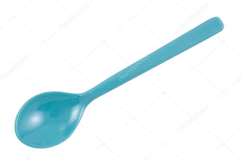 Blue plastic spoon on white background