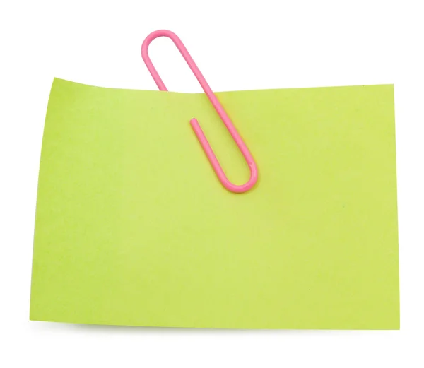 Green Note with pink paper clip — Stock Photo, Image