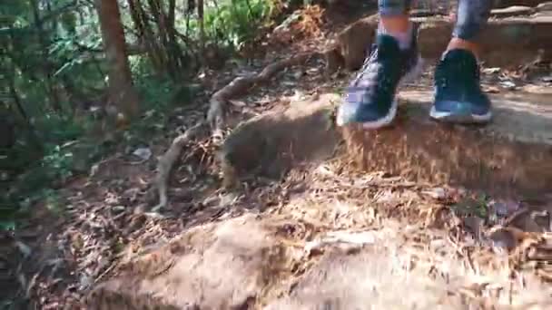 Primo piano di una donna sportiva piedi in scarpe da ginnastica a piedi giù per le scale di roccia — Video Stock