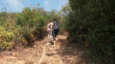 Spor kıyafetleri içinde ormanda yürüyen iki güzel genç kadın.