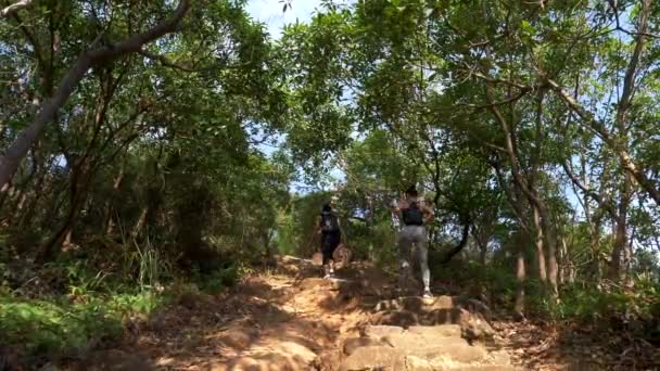 Hong Kong - 22 Januari 2020: Dua wanita cantik mengenakan pakaian olahraga hiking di hutan — Stok Video