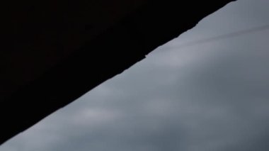 Gri fırtınalı gökyüzünün önünde damlalar yağıyor. Yaz yağmuru. Hava yağmurlu. Sağanak yağmur.