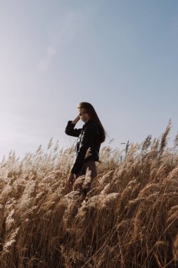 Siyah deri ceketli genç bir kadın gökyüzü ve güneşin önünde çimen tarlasında dikiliyor. Şehir tarzı ve sokak modası. Sıradan kıyafetli bir kız kameraya bakıyor ve saçlarına dokunuyor.