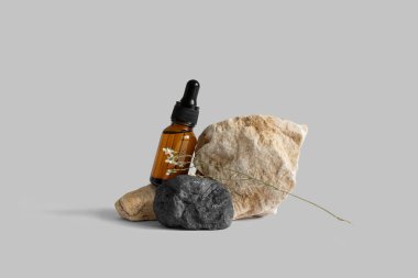 Kahverengi damlatan cam pipet şişesi kayaların üzerinde çiçek dalı, gri arka plan, kopyalama alanı. Serum, podyumda asit. Sıfır atık cam. Organik, doğal kozmetik. Spa, güzellik, cilt bakımı