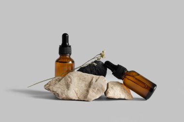 Kahverengi damlatan cam pipet şişeleri kayaların üzerinde çiçek dalı, gri arka plan, kopyalama alanı. Serum, podyumda asit. Sıfır atık cam. Organik, doğal kozmetik. Spa, güzellik, cilt bakımı