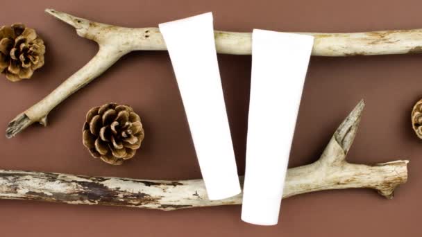 Tahta Dallarda Beyaz Sıkma Tüplerinin Krema Şişelerinin Köknar Kozalaklarının Kahverengi — Stok video