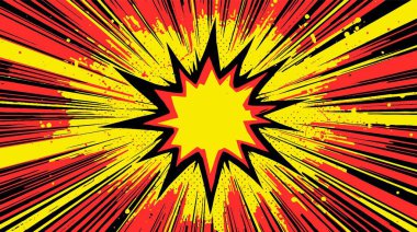 Çizgi roman tarzında canlı, keskin bir yıldız patlaması kırmızı ve sarı çizgiler yayarak yoğun enerji ve etki yayıyor..